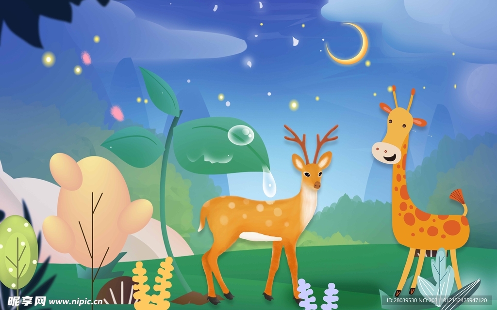 手绘长颈鹿儿童房背景墙
