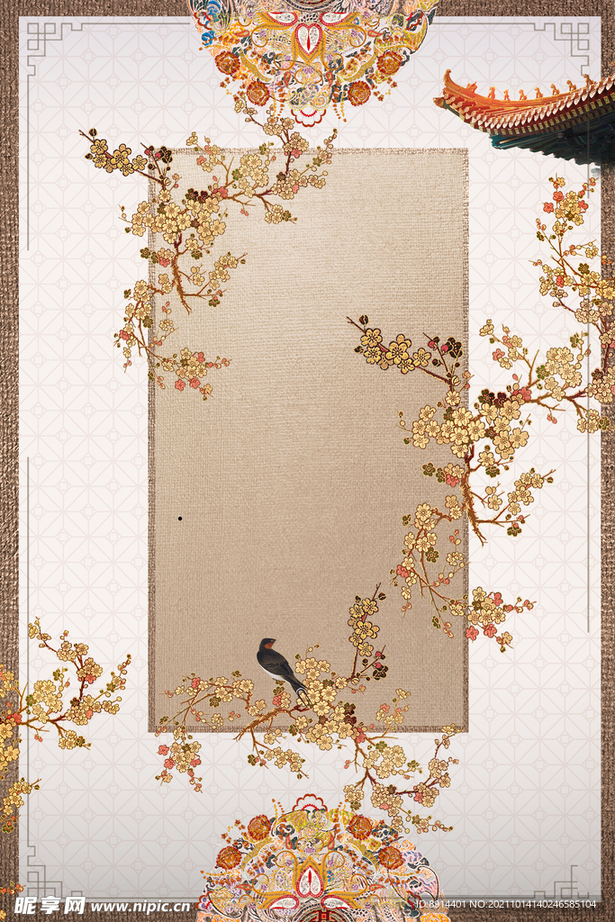 金色 花鸟刺绣 海报背景