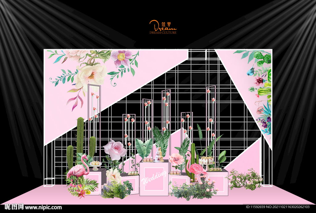 火烈鸟热带风情婚礼甜品区效果图