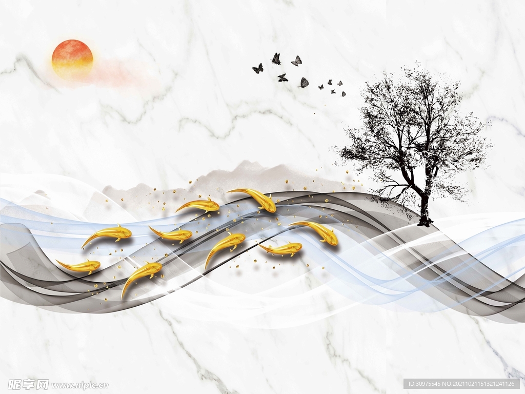 新中式鱼群电视背景墙