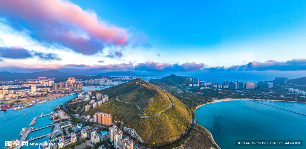 三亚凤凰岛夕阳航拍全景