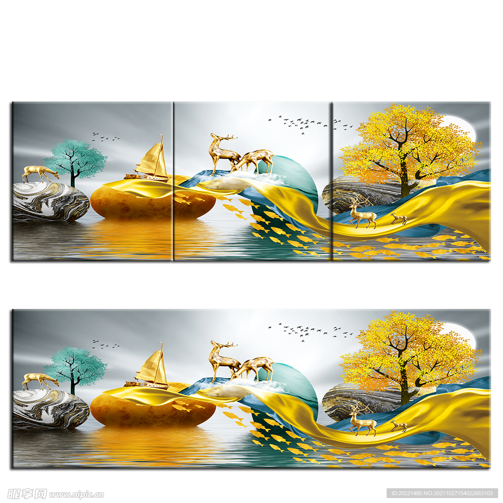 发财鹿 金色树装饰画无框画