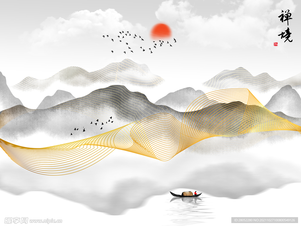 新中式烟雾山水背景墙