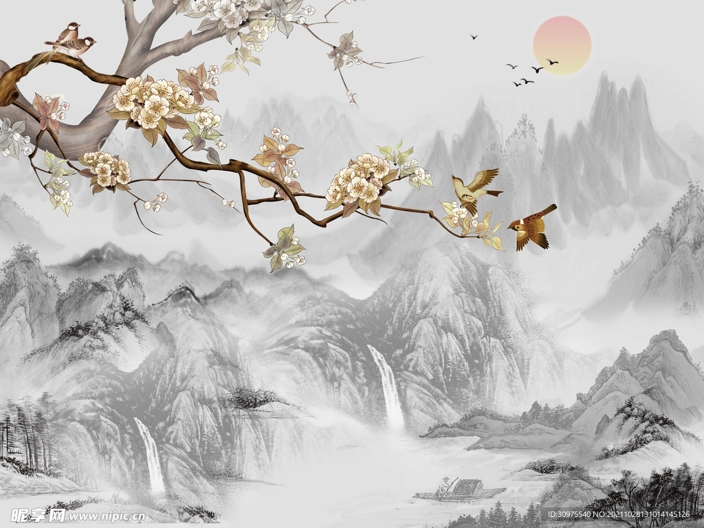 新中式水墨山水背景墙