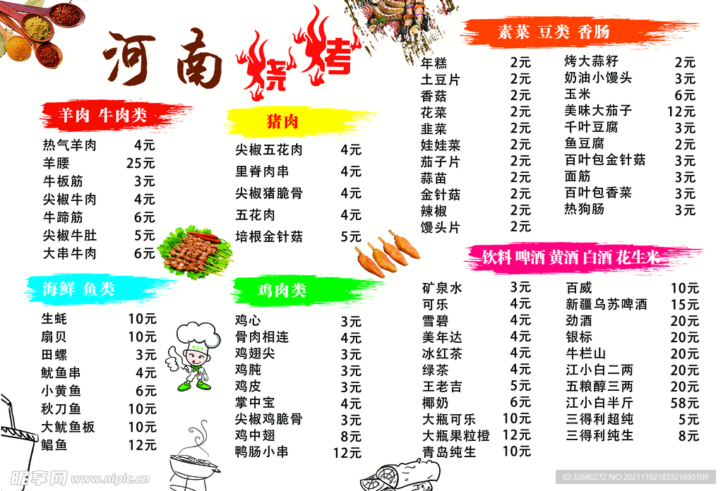 餐馆烧烤价目表