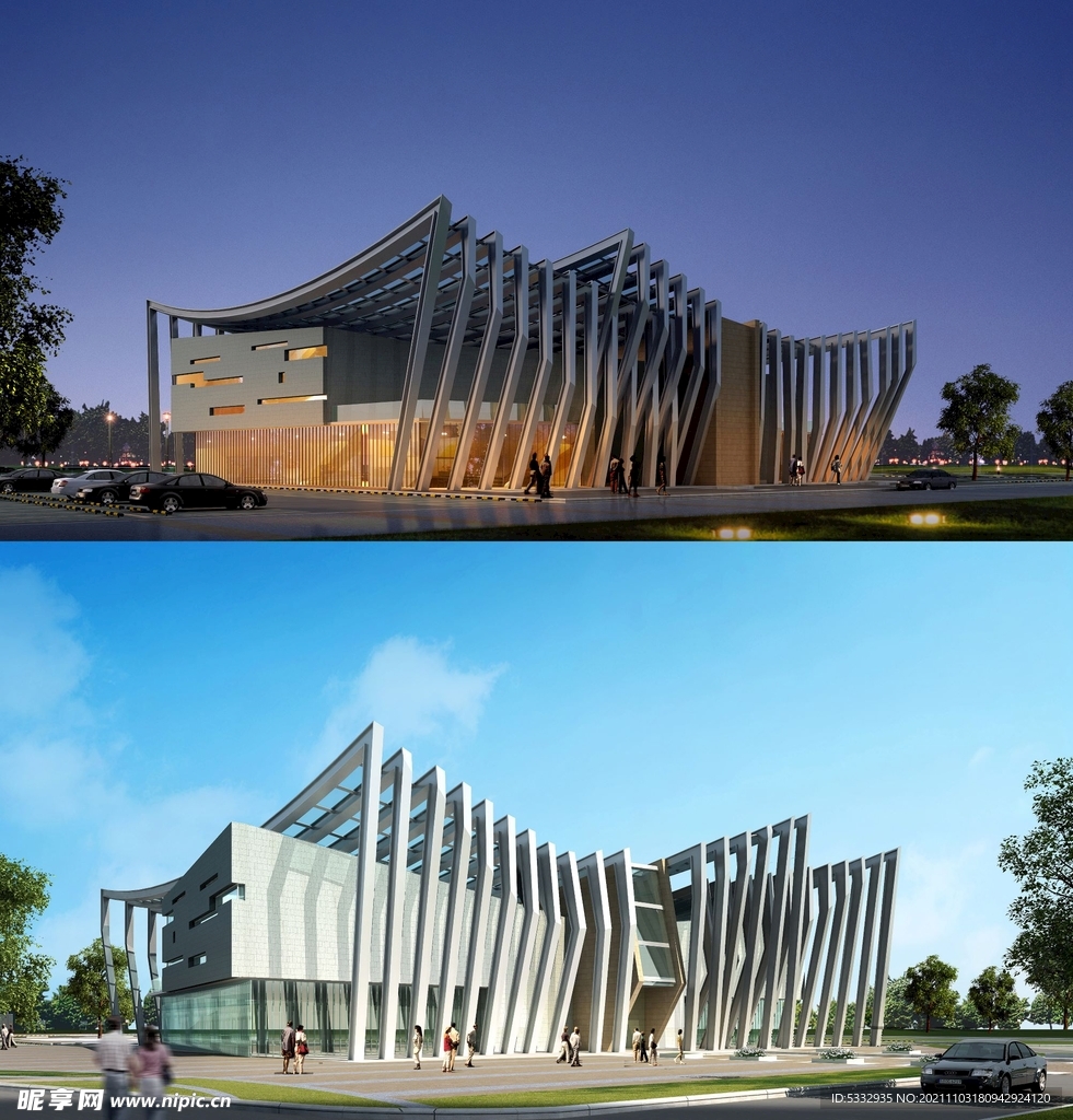 白天日景夜景立面效果公建博物馆