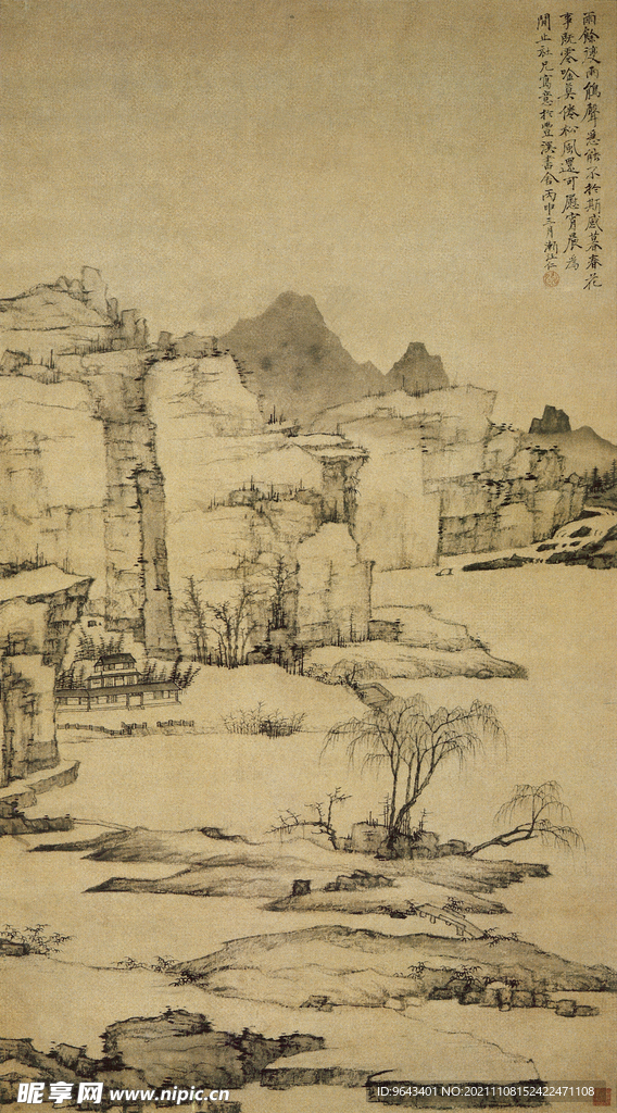 清弘仁雨余柳色图山水画