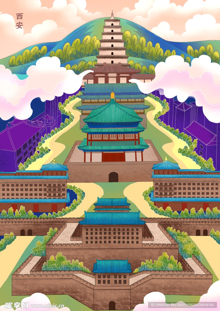 西安地标插画