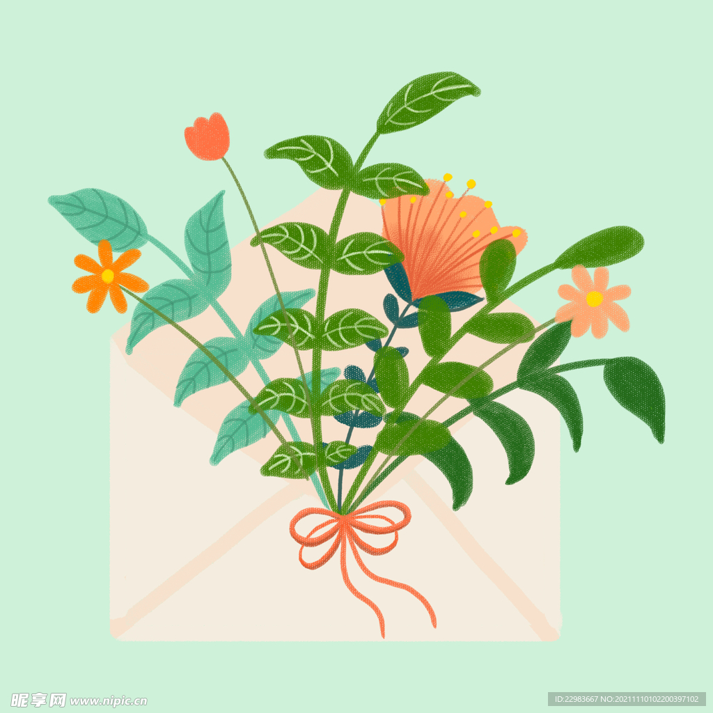 卡通手绘植物元素装饰信封插画
