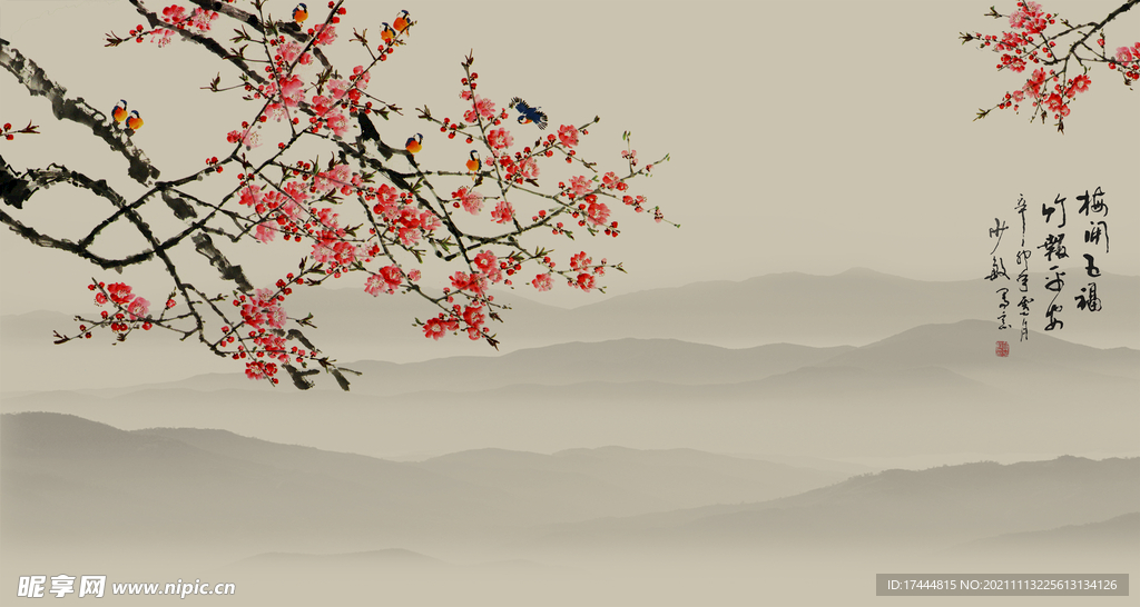 梅花山水背景墙