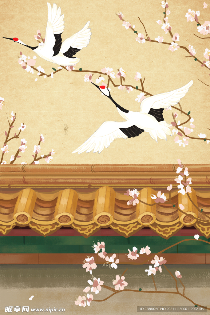 中国风屋檐仙鹤插画