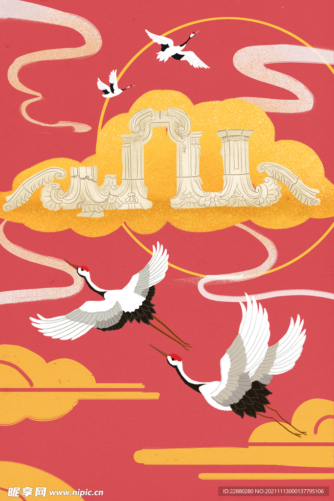 国潮仙鹤云插画