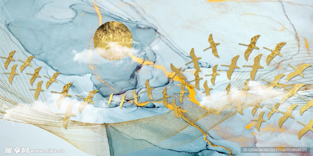 抽象飞鸟线条晕染纹理鎏金色块装