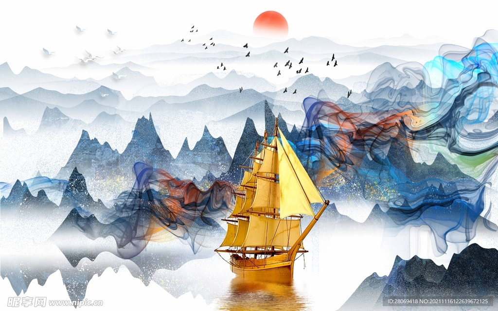 蓝色水墨山水背景墙