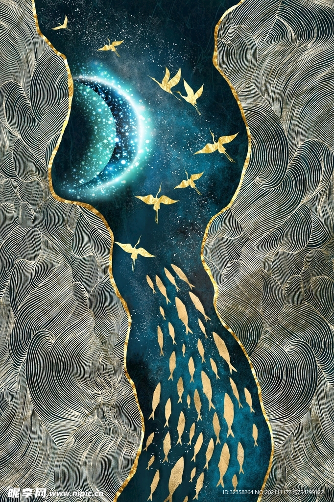 飞鸟鱼群线条晶瓷画