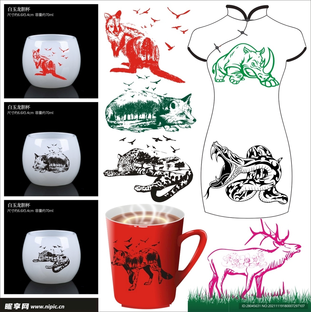 野生动物森林插画线描矢量图