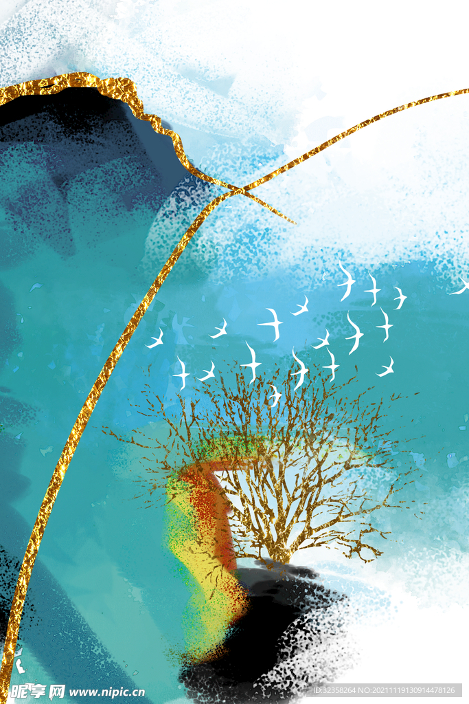 抽象线条晕染纹理鎏金色块装饰画