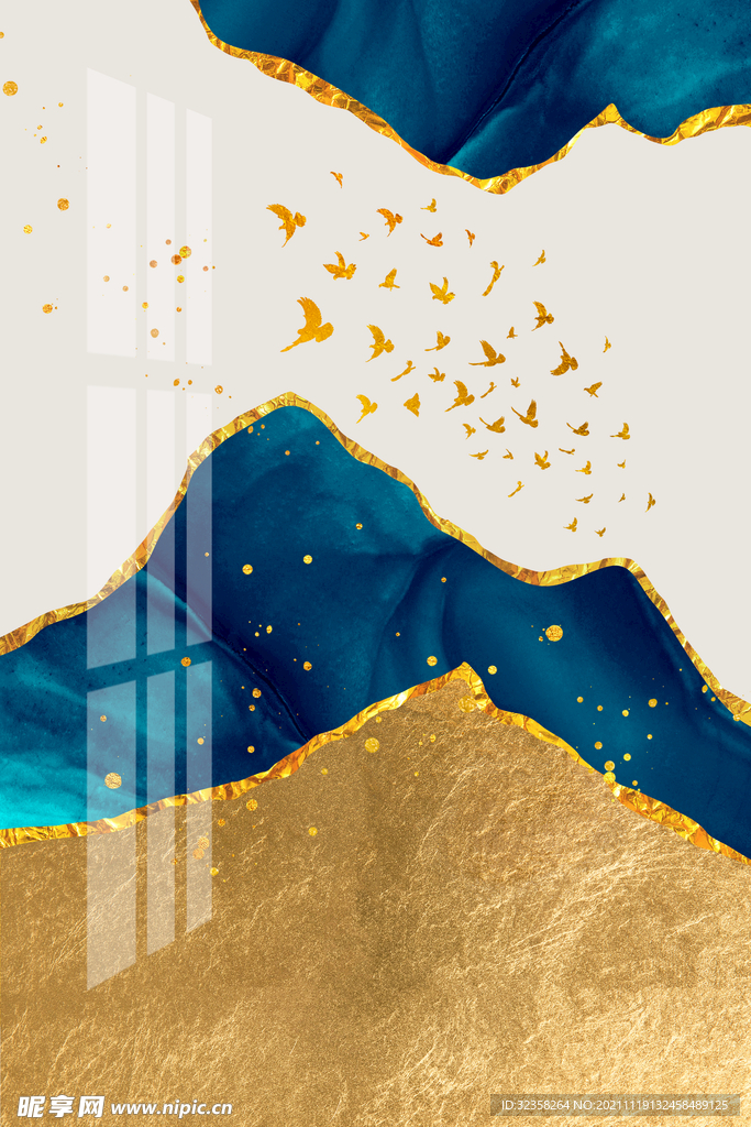 抽象线条晕染纹理鎏金色块装饰画