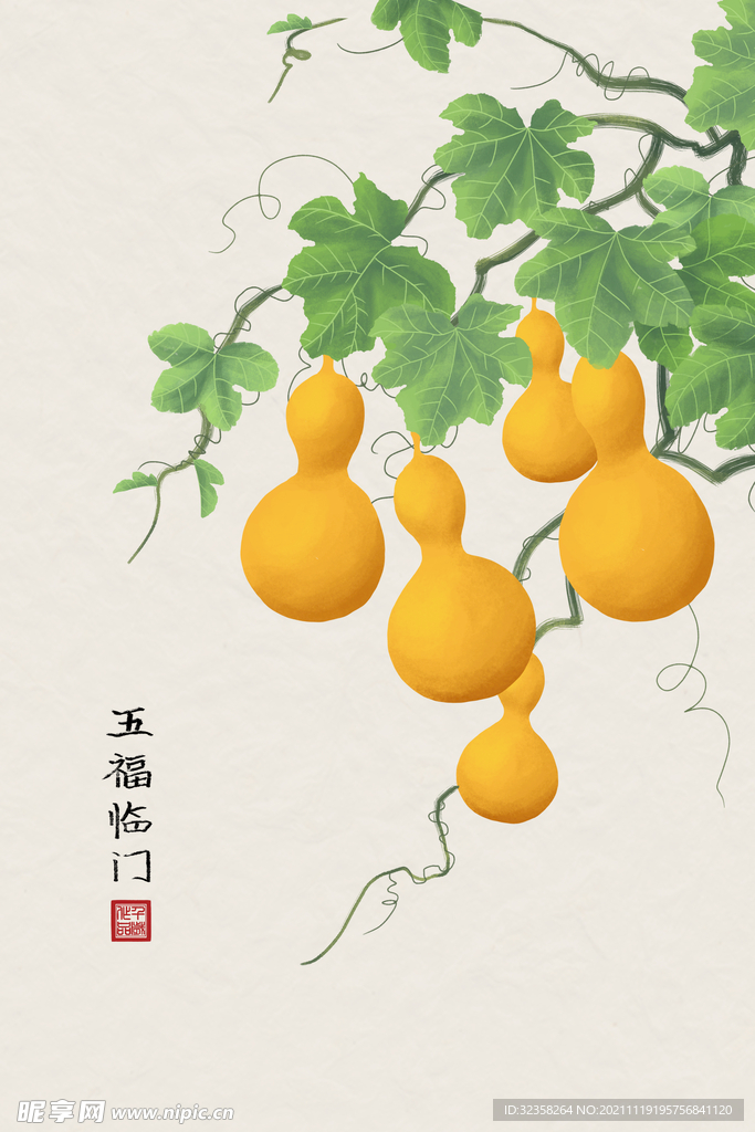 金色葫芦五福临门水墨画