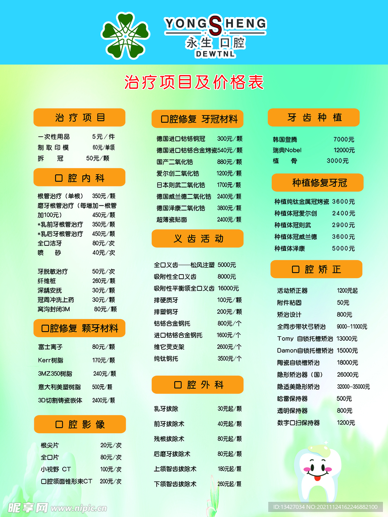  牙科  口腔   展板 价目