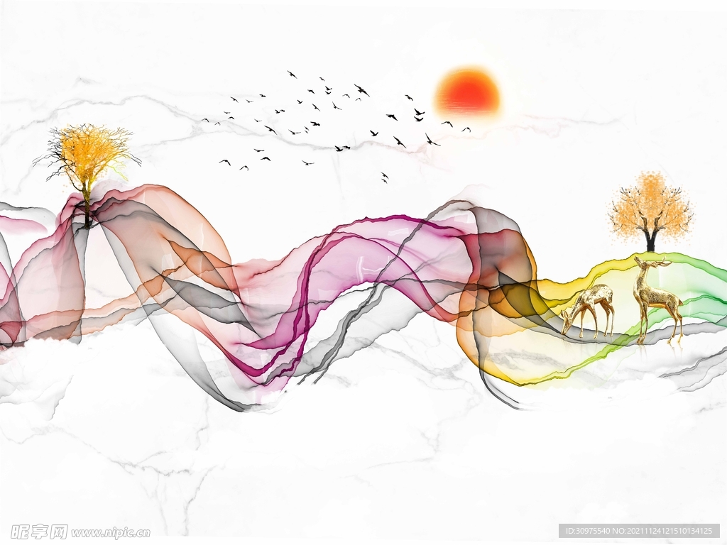 新中式线条山水背景墙