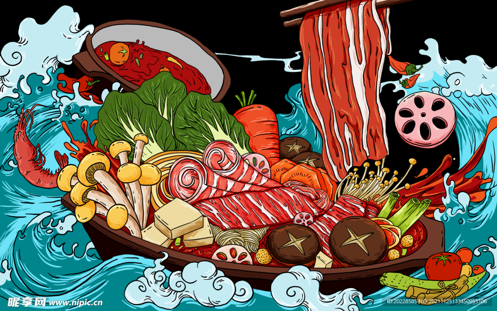 海鲜火锅重庆火锅四川火锅手绘
