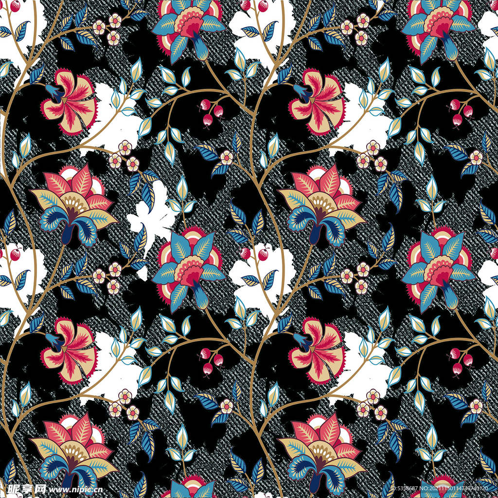 大牌牛仔纹花卉印花