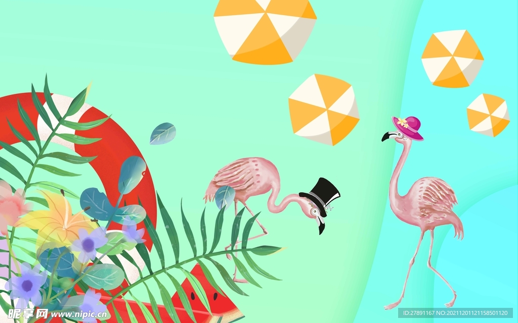 植物叶子火烈鸟背景墙