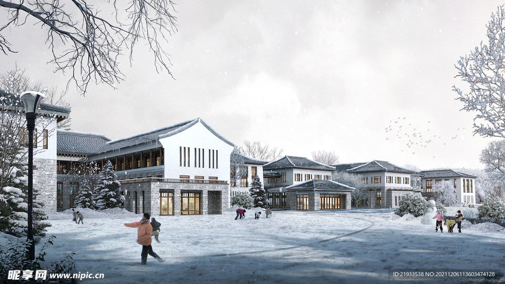 中式小区雪景效果图