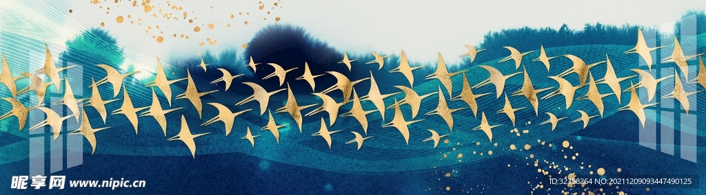 水墨飞鸟山水床头装饰画晶瓷画