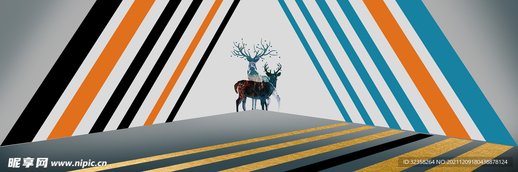 抽象麋鹿几何色块组合装饰画