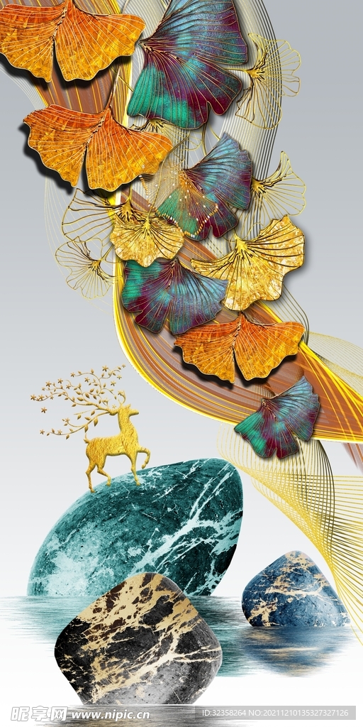 银杏叶金色麋鹿意境山水装饰画