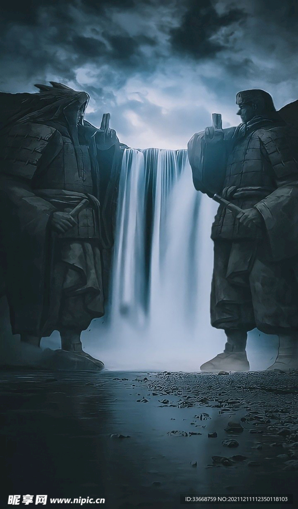 瀑布与神像