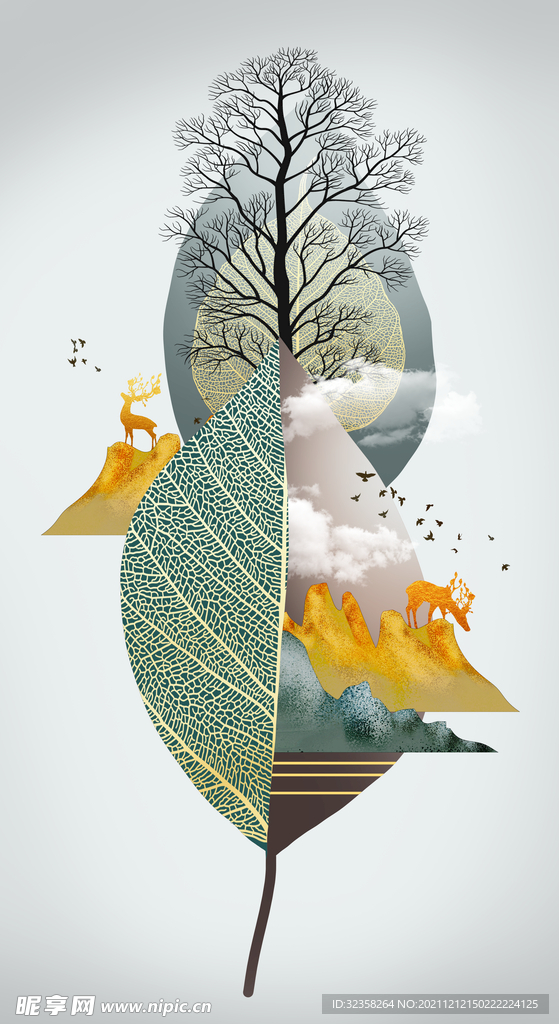 树叶金色麋鹿意境山水玄关