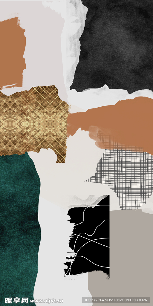 抽象线条晕染纹理鎏金色块装饰画