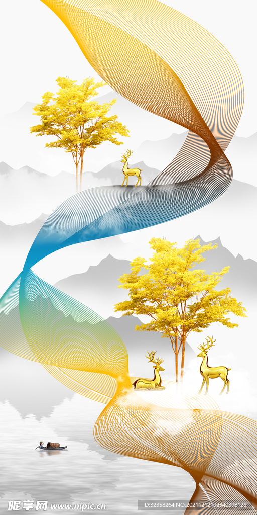 中式金色麋鹿意境山水装饰画