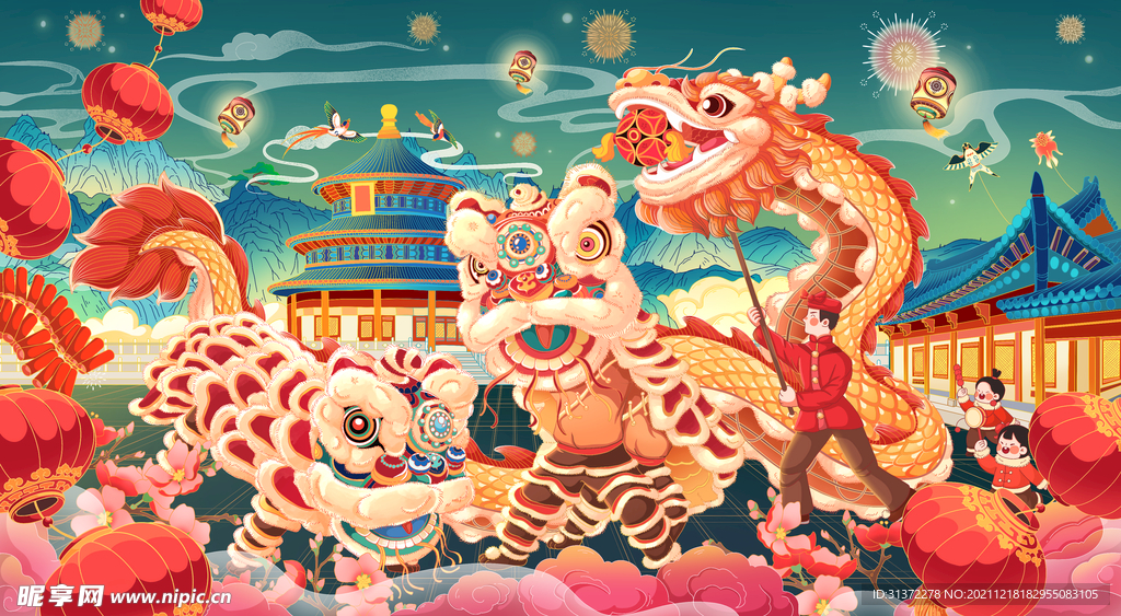  虎年舞狮国潮海报图片