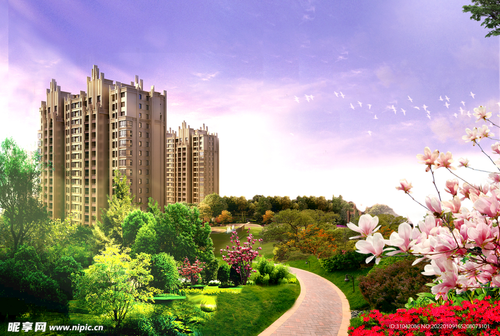 法式园林桃花盛开报纸广告海报图