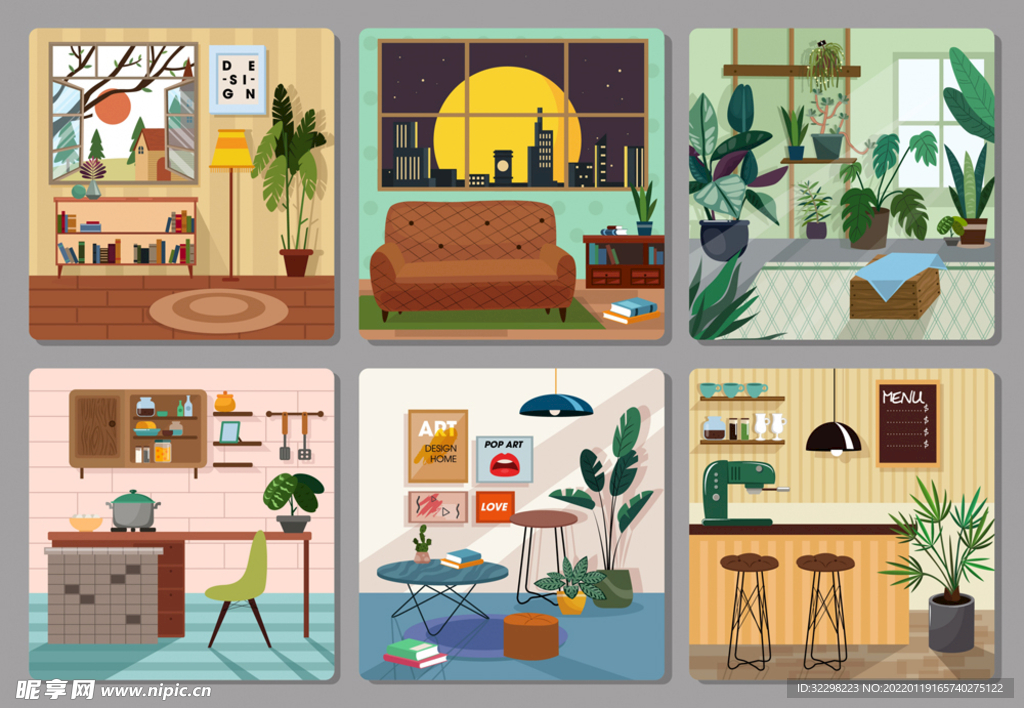 6款时尚客厅厨房设计矢量素材