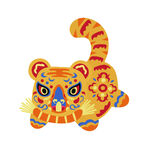 小老虎剪纸风彩色年画矢量图片