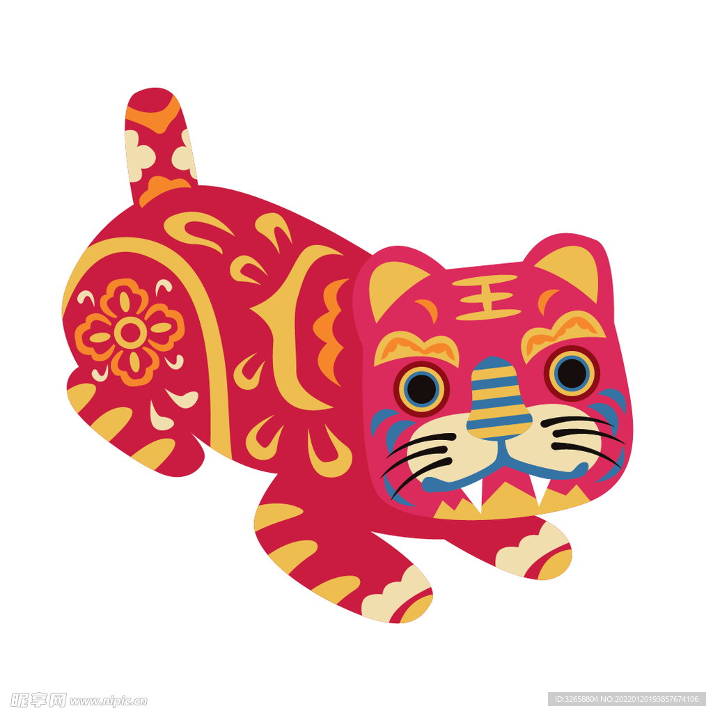 小老虎剪纸风彩色年画矢量图片