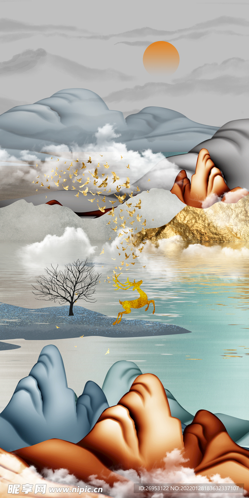 3D日出水墨风装饰画