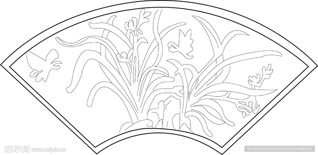 扇形兰花蝴蝶雕花图案