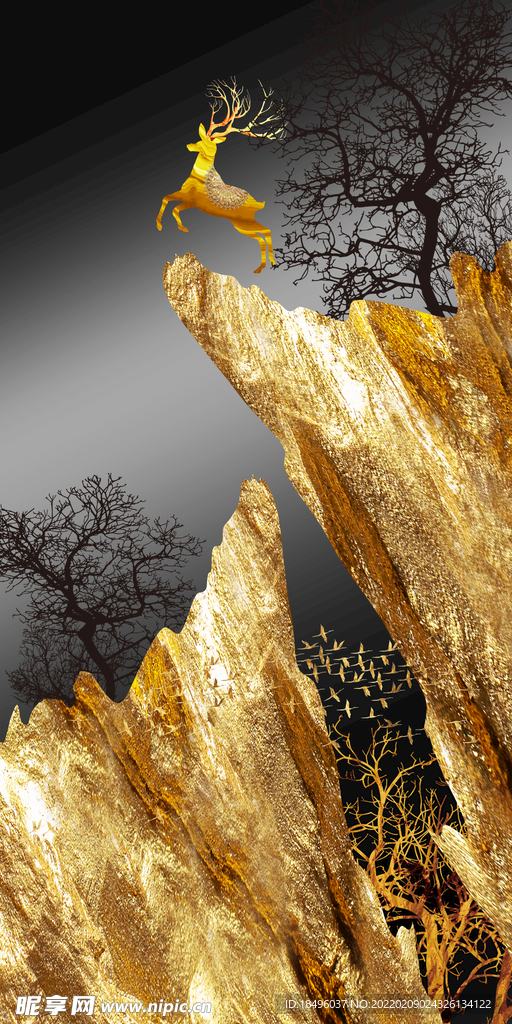 金色山峰金色麋鹿装饰画