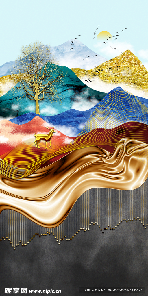 风景山水发财树麋鹿装饰画