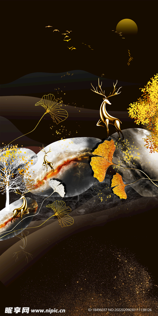 手绘银杏叶子麋鹿装饰画