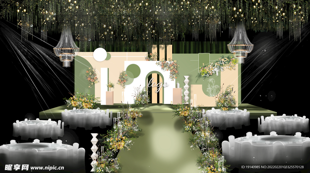 白绿色婚礼主舞台效果图