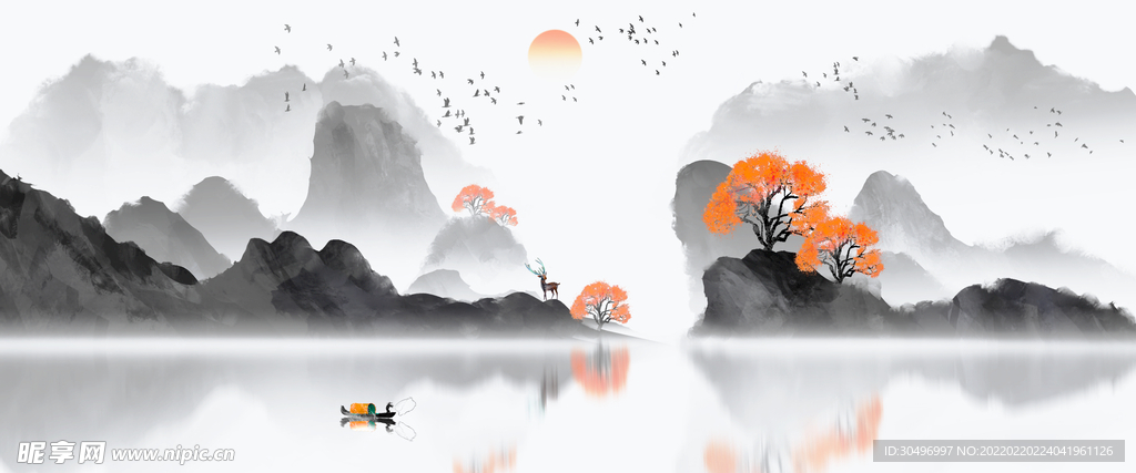 中国风意境水墨山水画古风山水装