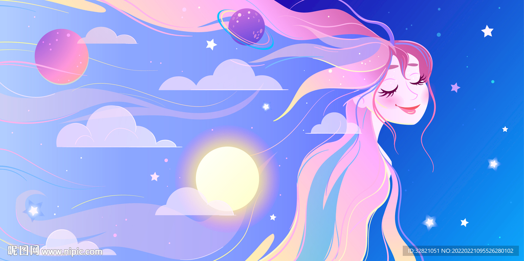 卡通长发女孩天空插画