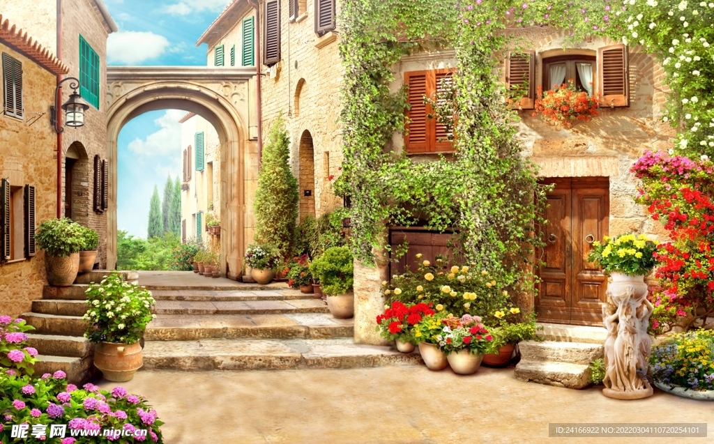 欧式复古小镇街道风景背景画